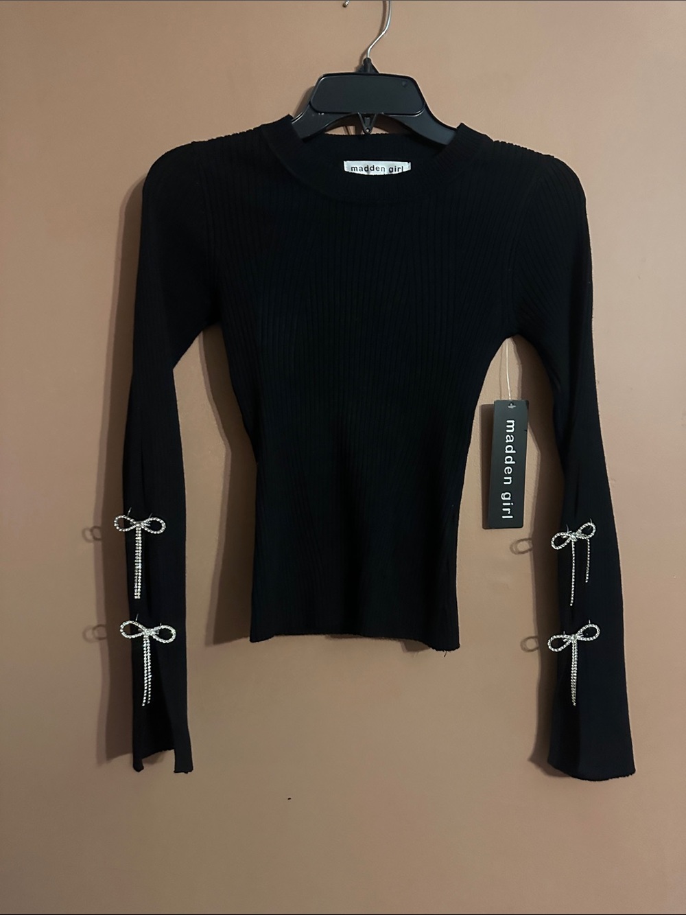 Madden Girl Black Ribbed Long-Sleeve Top with Rhinestone Bow Sleeves